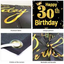 30歲生日快樂橫幅,大型黑金布質30歲生日標誌,攝影背景,周年慶派對裝飾,180x110厘米 - 彩色 - 查看 3