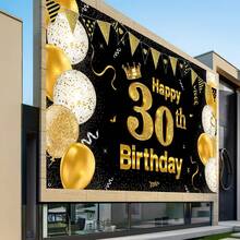 30歲生日快樂橫幅,大型黑金布質30歲生日標誌,攝影背景,周年慶派對裝飾,180x110厘米 - 彩色 - 查看 4