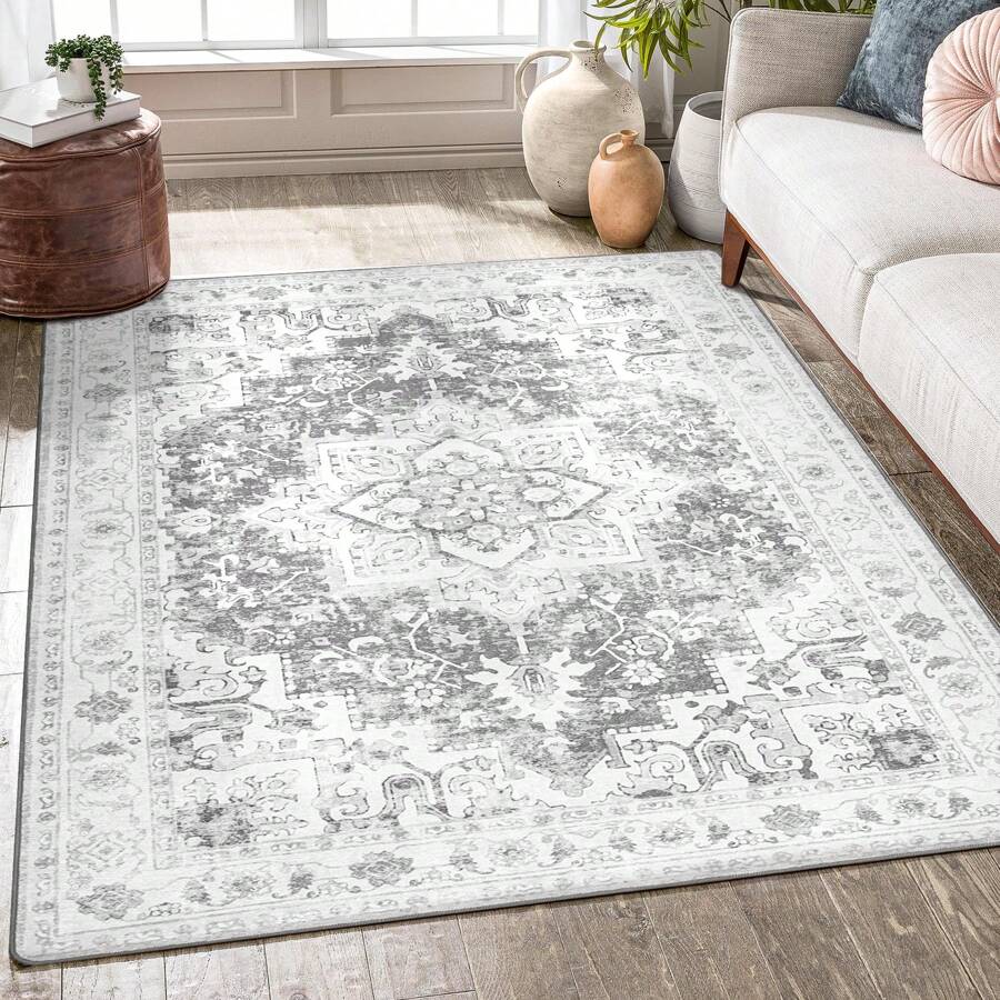 GENIMO Area Rugs for Living Room, Non Slip Machine Washable Indoor Rug, Low Pile Chenille Print Rug for Bedroom Dining Room Home Office - Grey - View 1