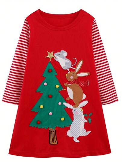 Vestido casual aleatorio con estampado de árbol de Navidad y muñeco de nieve para niñas pequeñas, manga larga, para otoño e invierno, de 2 a 8 años de edad