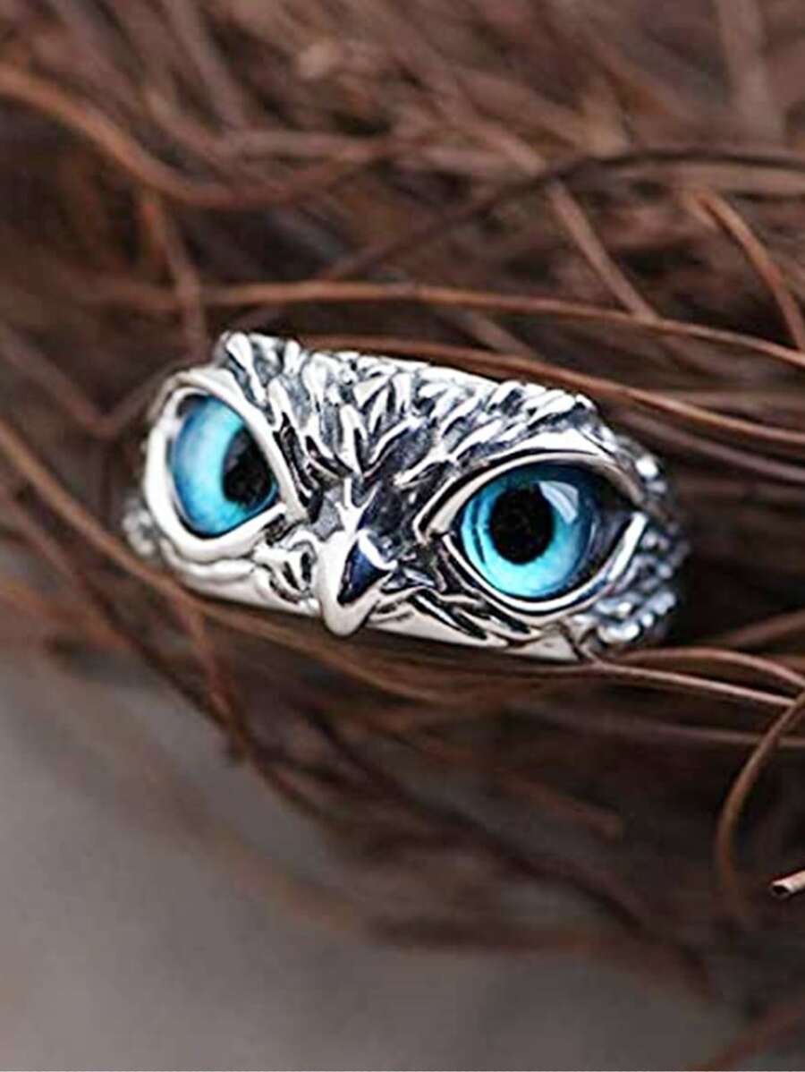 1個迷人的藍眼睛貓頭鷹戒指,流行的中性可調戒指 - 淺藍色 - 查看 1
