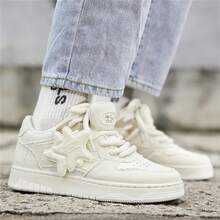 Star Betta 運動風格男女通用米色運動鞋1對,前系帶色塊pu和布料厚底低幫鞋是戶外情侶休閒耐水滑防走光鞋子 - 米色 - 查看 3