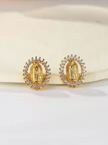 1pair Creative And Stylish Oval Shape Micro Inlay Cz Virgin Mary Stud Earrings Minimalist Accessory Copper Earrings For Women, Suitable For Wedding, Party, Daily Wear - Yellow Gold - View 1