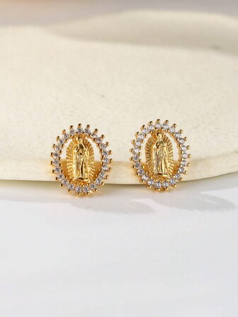 1pair Creative And Stylish Oval Shape Micro Inlay Cz Virgin Mary Stud Earrings Minimalist Accessory Copper Earrings For Women, Suitable For Wedding, Party, Daily Wear