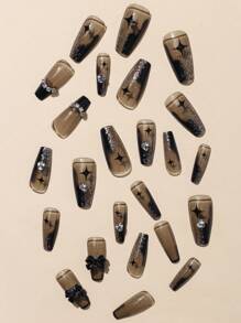 24入組杏仁形狀假指甲帶黑色蝴蝶結,水鑽和星星漸變設計適合女士和女孩 - 彩色 - 查看 2