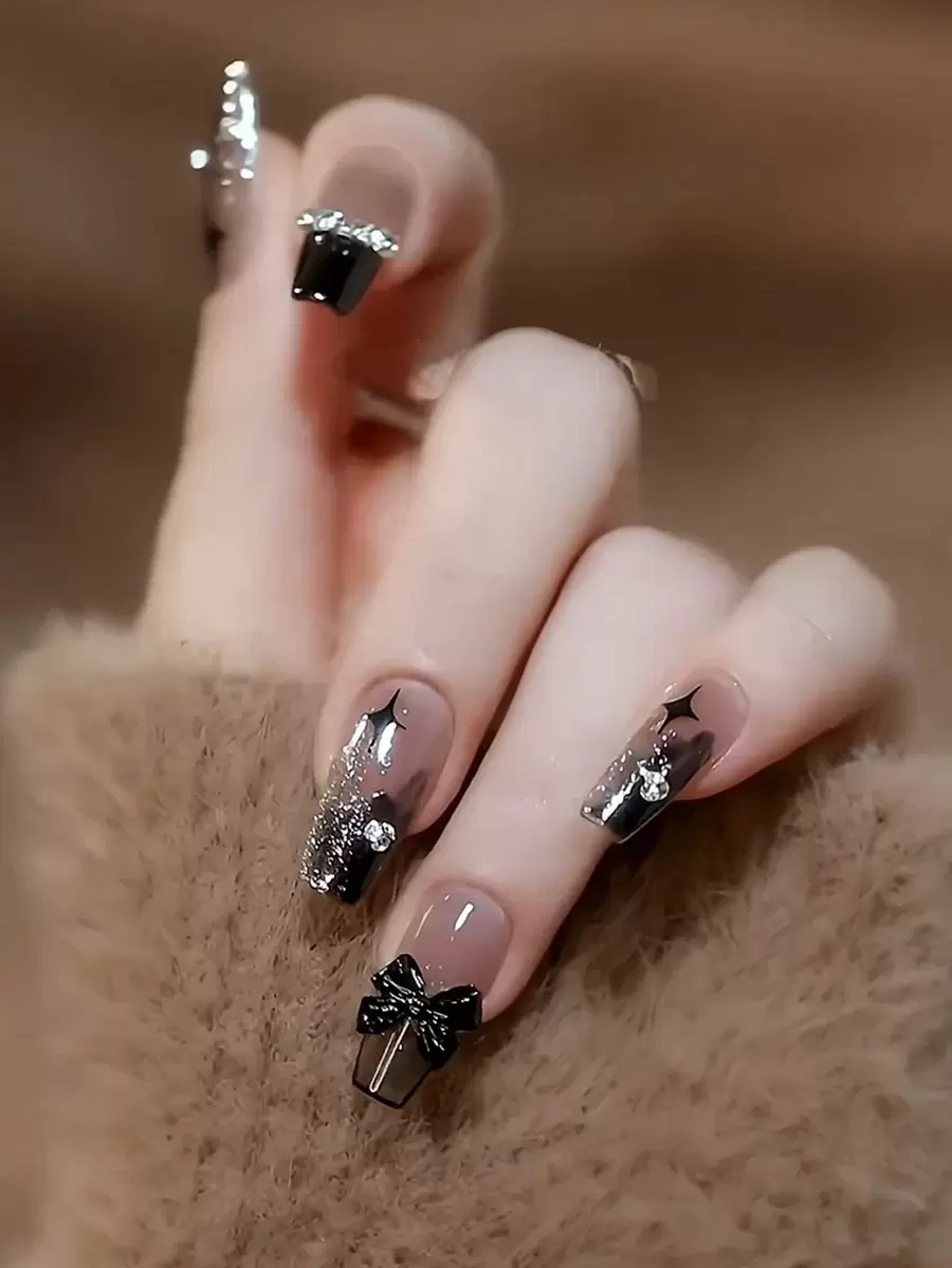 24入組杏仁形狀假指甲帶黑色蝴蝶結,水鑽和星星漸變設計適合女士和女孩 - 彩色 - 查看 1