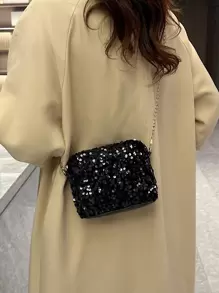 1pc Shiny Pvc Cellphone Wallet Storage Zipper Closure Fashionable Crossbody Bag Suitable For Women's Party Outfit - Black - View 2