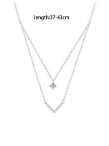1入組極簡雙層v字形鑽石吊墜鎖骨頸鍊,適合女性 - 銀色 - 查看 4