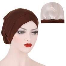 新款歐美風假絲睡眠帽,護髮帽,純色寬緣美容高彈力化療帽 - 咖啡棕 - 查看 12