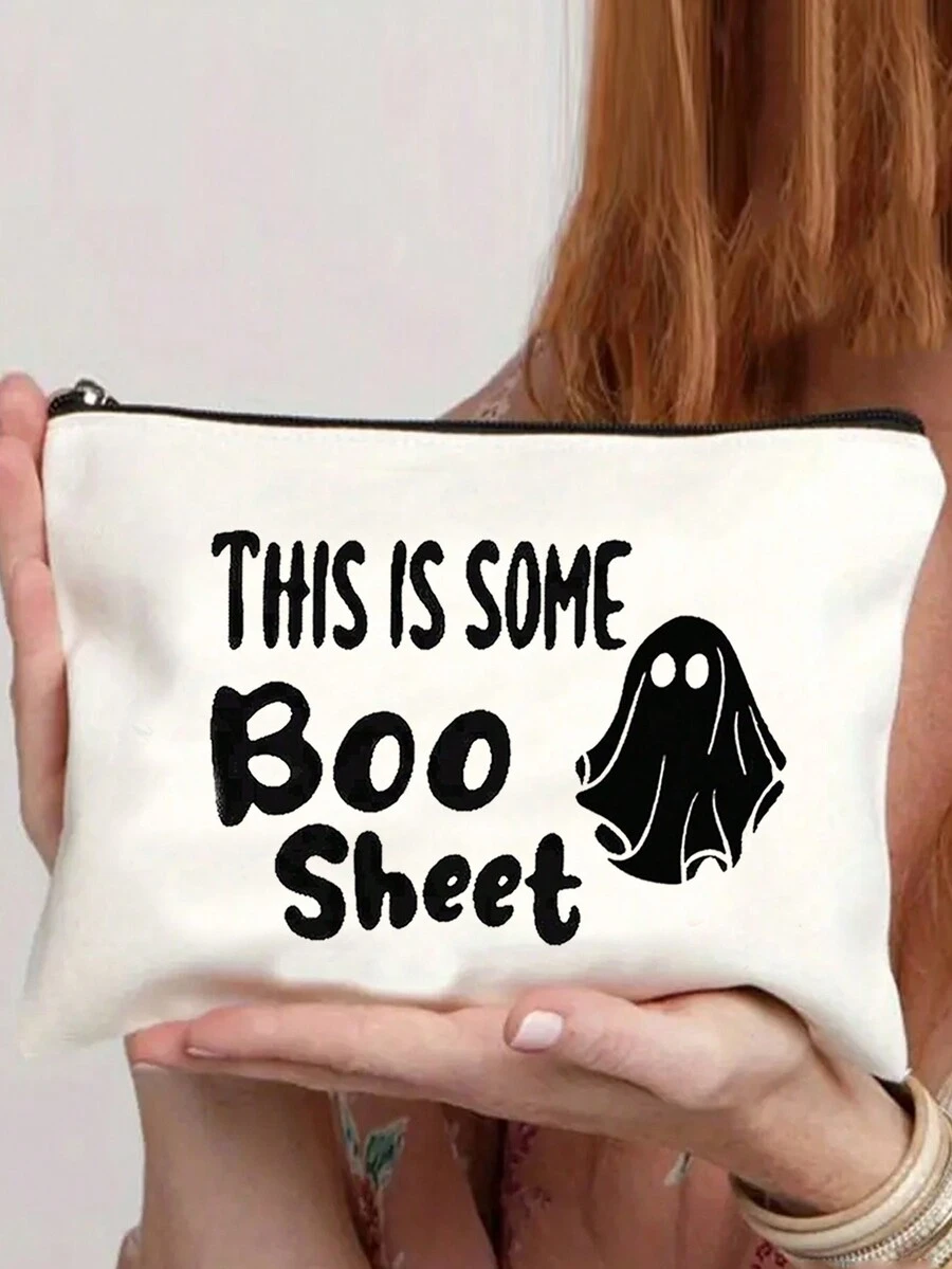 1入組萬聖節元素鬼魂字母印花化妝袋化妝包化妝收納袋美容包,旅行化妝品收納包,旅行用便攜收納袋,旅行用化妝品盒多功能袋禮物,教師感謝禮物,音樂老師禮物,教師生存套件,教室用品,最佳女教師禮物,白色萬聖節配件,萬聖節裝飾,萬聖節禮物袋