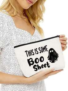 1入組萬聖節元素鬼魂字母印花化妝袋化妝包化妝收納袋美容包,旅行化妝品收納包,旅行用便攜收納袋,旅行用化妝品盒多功能袋禮物,教師感謝禮物,音樂老師禮物,教師生存套件,教室用品,最佳女教師禮物,白色萬聖節配件,萬聖節裝飾,萬聖節禮物袋