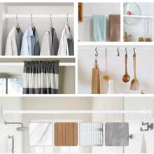 3pcs/5pcs/6pcs Solid Color Adjustable Tension Rods For Window, Tile And More, No Drilling Required, 28-48 Inches (approx.) Spring Tension Rods, Big Curtain Rod - White - View 3