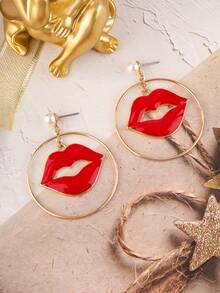 1pair Exaggerated Red Lips & Pearl Pouring Drop Earrings For Women - Yellow Gold - View 5