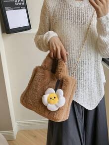 可愛的花朵裝飾單色絨毛手提包,適用於青少年女孩,秋冬新款柔軟肩袋 - 棕色 - 查看 2