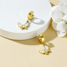 2入組女性白色珍珠母蝴蝶形吊墜耳環,韓國時尚珠寶禮物