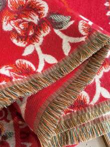 1入組女士雙面印花提花仿卡仕米爾波西米亞風格保暖圍巾披肩,適合秋冬日常穿著 - 紅白色 - 查看 6