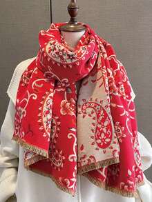 1入組女士雙面印花提花仿卡仕米爾波西米亞風格保暖圍巾披肩,適合秋冬日常穿著 - 紅白色 - 查看 1