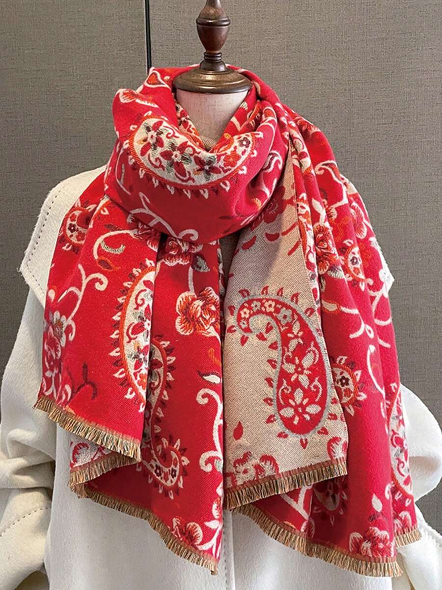 1入組女士雙面印花提花仿卡仕米爾波西米亞風格保暖圍巾披肩,適合秋冬日常穿著 - 紅白色 - 查看 1