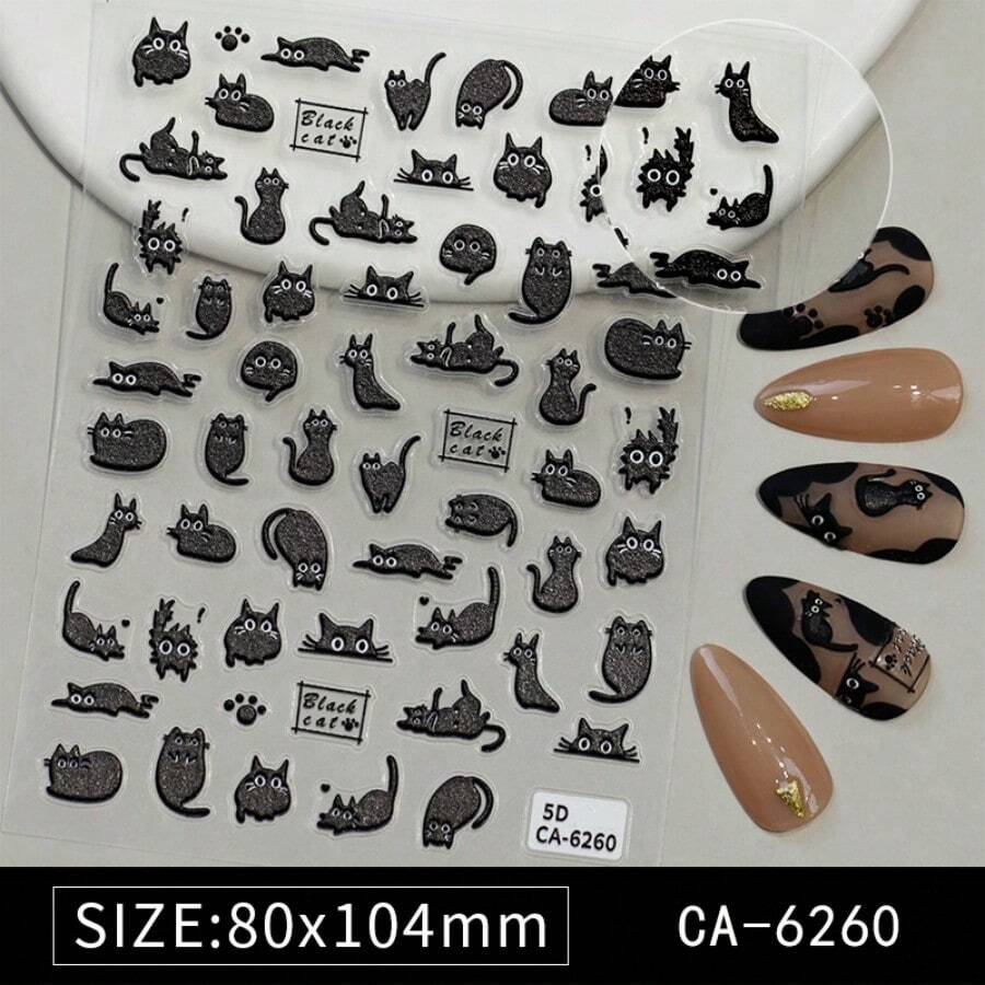 万圣节5d卡通可爱猫咪图案指甲贴纸配黑白煤球猫，美甲装饰DIY - 黑色 - 查看 1