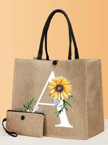 2pcs Sunflower Letter Print Tote Bag Set, Fashion Burlap Linen Shoulder Bag, Portable Shopping Bag With Wristlet Coin Purse - Khaki - View 1