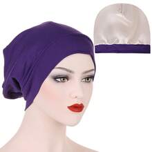 新款歐美風假絲睡眠帽,護髮帽,純色寬緣美容高彈力化療帽 - 咖啡棕 - 查看 5