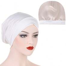 新款歐美風假絲睡眠帽,護髮帽,純色寬緣美容高彈力化療帽 - 咖啡棕 - 查看 8