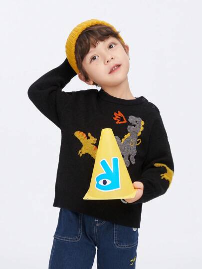 Annil Boys' Dinosaur Cartoon Fun Round Neck Knitted Sweater Black