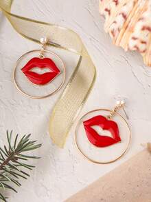 1pair Exaggerated Red Lips & Pearl Pouring Drop Earrings For Women - Yellow Gold - View 4