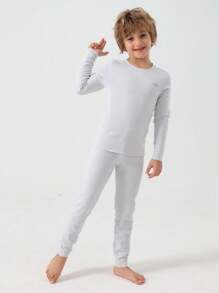 YOUQi 男大童字母圖案T恤和褲子睡衣套裝 - 淺灰色 - 查看 1