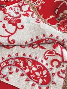 1入組女士雙面印花提花仿卡仕米爾波西米亞風格保暖圍巾披肩,適合秋冬日常穿著 - 紅白色 - 查看 4