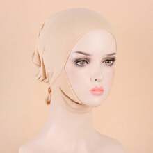 1pc Drawstring Neck Turban Cap Hijab Cap Bonnet Cap Solid Color Turban Cap For Women Girls Her - Beige - View 11