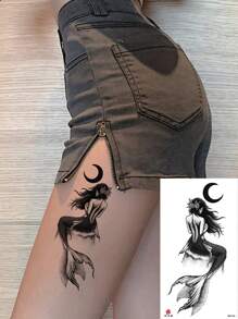 1片防水暫時性刺青貼紙,配有時尚美人魚頭髮性感女孩和月亮圖案 - 黑色 - 查看 1