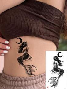 1片防水暫時性刺青貼紙,配有時尚美人魚頭髮性感女孩和月亮圖案 - 黑色 - 查看 2