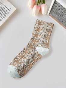 5双/套女士艺术复古3D浮雕可爱森系花卉中筒袜 - 彩色 - 查看 11