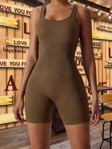 Women's Jumpsuits Seamless Ribbed round Neck One Piece  Sleeveless Rompers Sexy Tank Top Shorts - Coffee Brown - View 3
