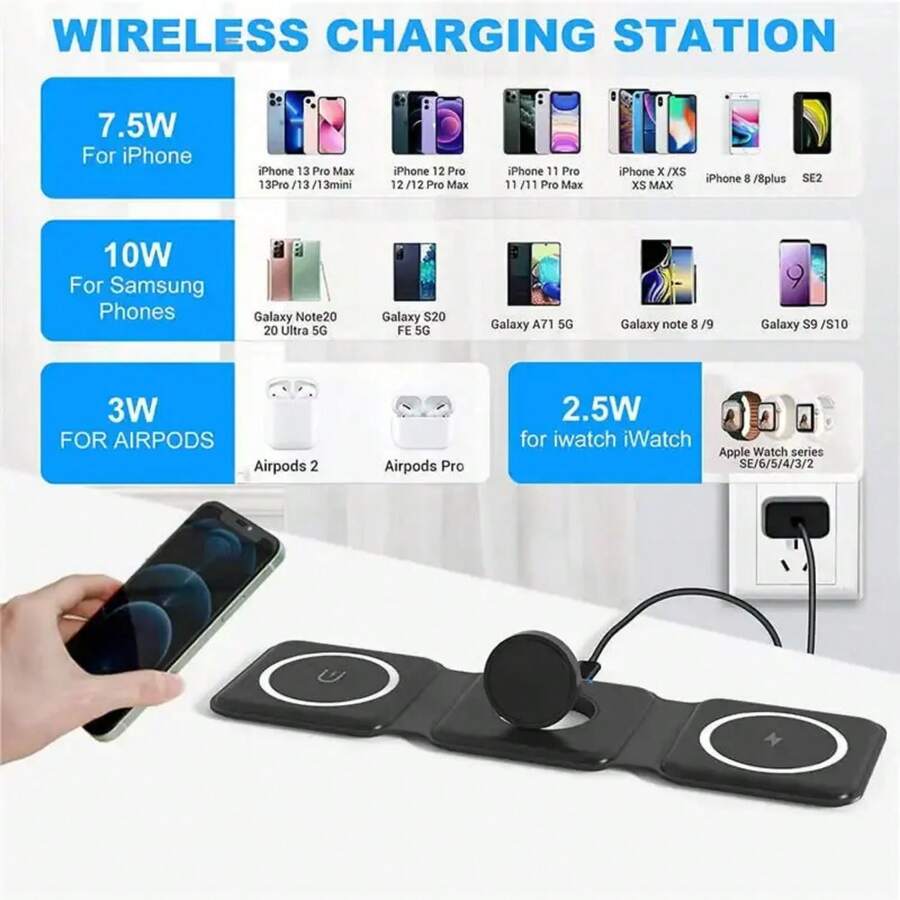 Portable Fold 3 In 1 Qi Wireless Phone Charger Stand