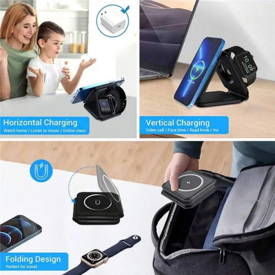 Portable Fold 3 In 1 Qi Wireless Phone Charger Stand