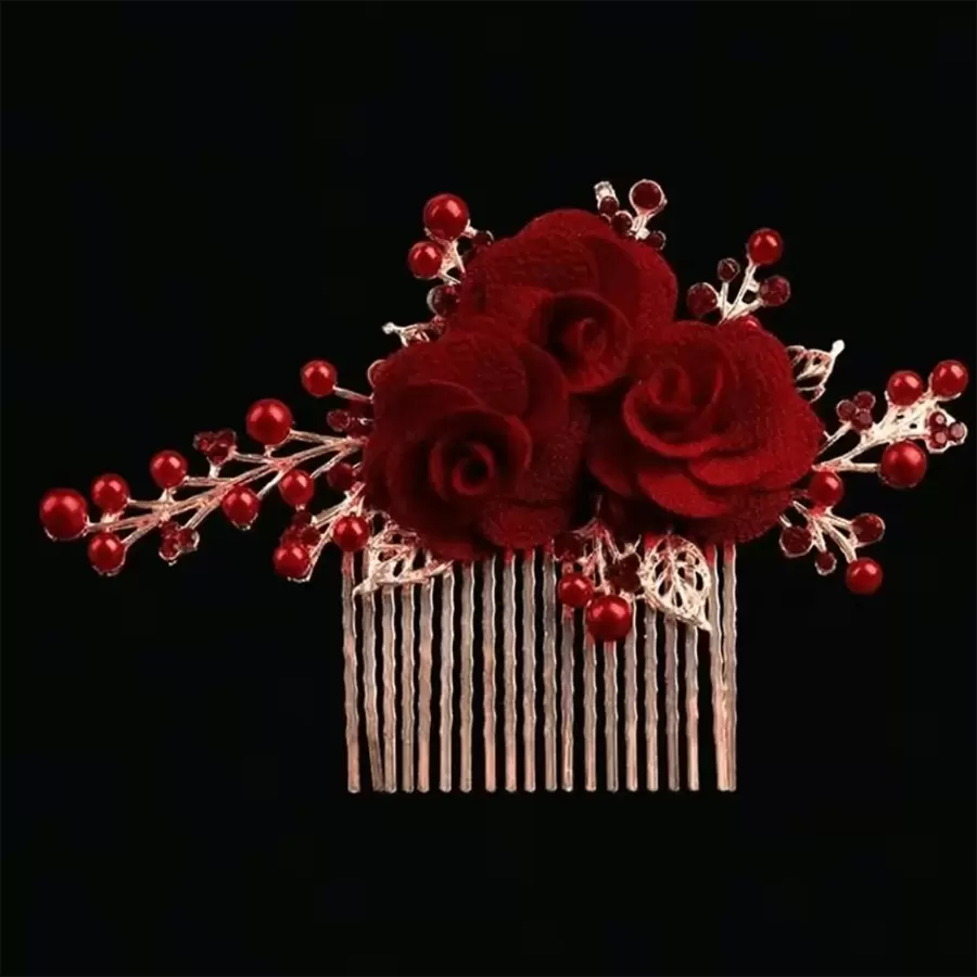 1 件新娘礼服配饰红色水钻花卉仿珍珠手工发夹优雅波西米亚风头饰情人节 - 彩色 - 查看 1