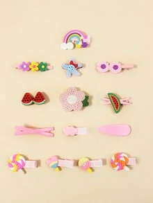 14pcs/set Cute Cartoon Patterned Kids' Hair Clips - Pink - View 3