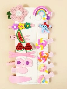14pcs/set Cute Cartoon Patterned Kids' Hair Clips - Pink - View 1