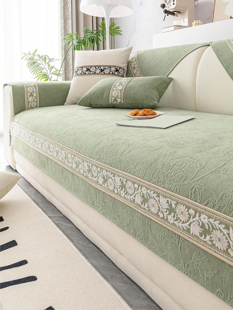 1入新中式絨布沙發坐墊套，優雅防滑沙發披肩，四季通用 - 綠色 - 查看 1