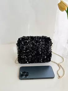 1pc Shiny Pvc Cellphone Wallet Storage Zipper Closure Fashionable Crossbody Bag Suitable For Women's Party Outfit - Black - View 7