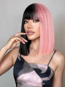 Half Pink Half Black Short Straight Bob Wig With Bangs Synthetic Wig for Daily Party Use 12Inch - Two-Tone - View 2