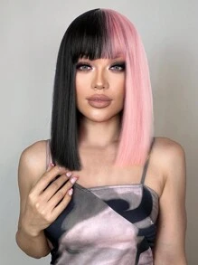 Half Pink Half Black Short Straight Bob Wig With Bangs Synthetic Wig for Daily Party Use 12Inch - Two-Tone - View 5