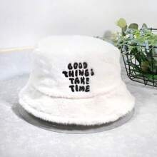 1入女式休閒毛絨捲邊帽，有良好字母刺繡，適用於日常穿著，男女皆適用