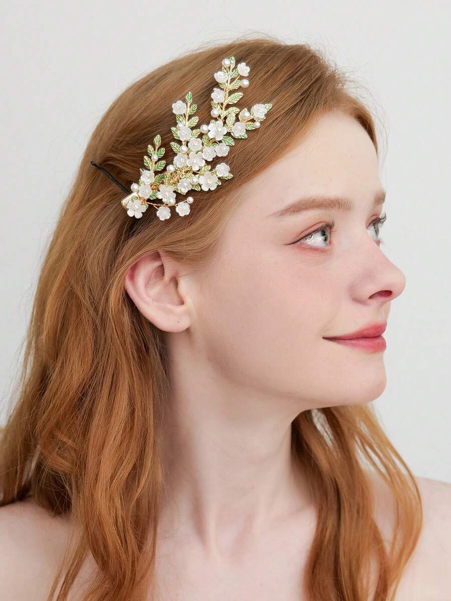 1入組優雅的假珍珠、花朵、葉子髮夾頭飾，適用於婚禮