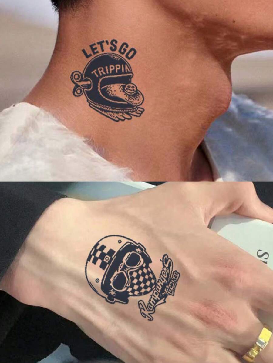 1款具逼真風格且防水的非反光賽車手臨時紋身貼紙,適用於男性的手臂和頸部 - 黑色 - 查看 1