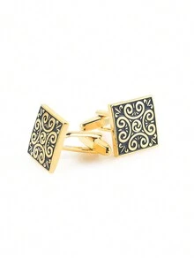 Vintage Roman Pattern Square Metal Cufflinks, Gold - Yellow Gold - View 3