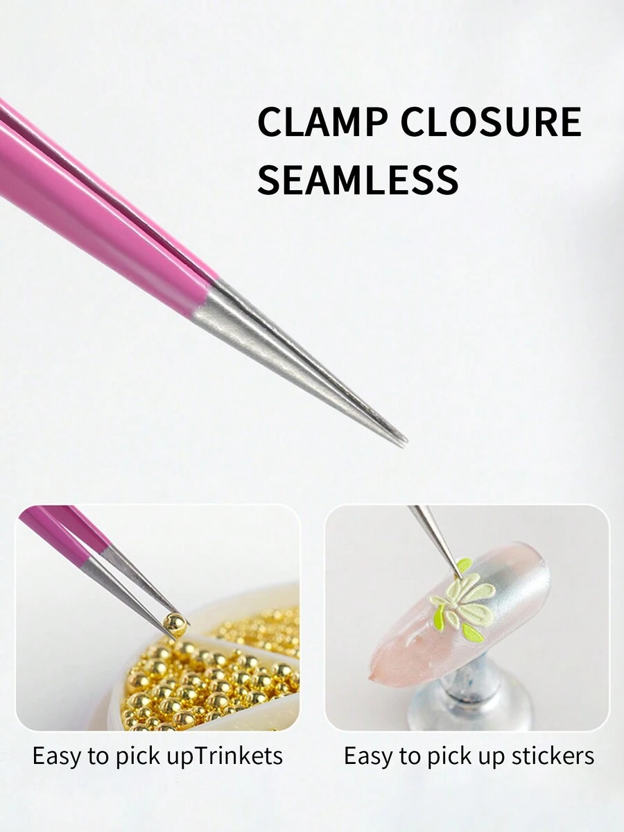 双头美甲镊子，多功能指甲推贴夹水钻工具，带硅胶不锈钢镊子 - 粉色 - 查看 1