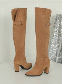 秋冬季高跟方头时尚休闲/婚礼性感百搭麂皮过膝靴，棕色（宽筒弹力过膝靴）（小腿纤细者建议选小一码；小腿粗壮者请选择您平时穿着的尺码。购买前请参考脚长、手掌围等尺寸。） - 棕色 - 查看 7